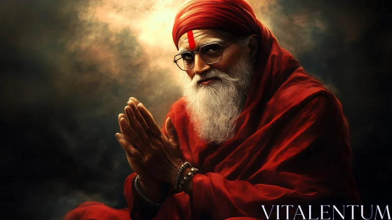 Devotional elder in red robes under dramatic chiaroscuro light