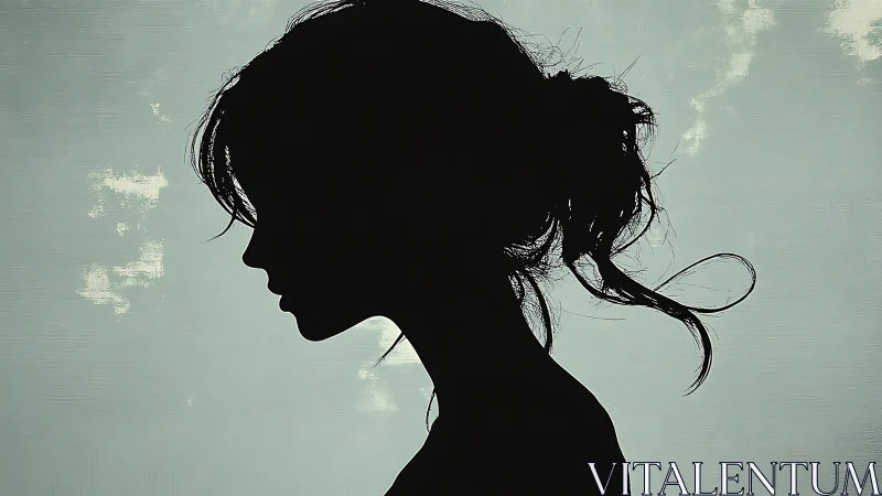 Silhouette profile of woman against muted textured sky.