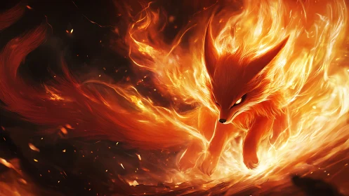 Fox of wildfire comets racing through ember-soaked night.