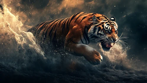 Ferocious tiger surges through dynamic surf under moody light.