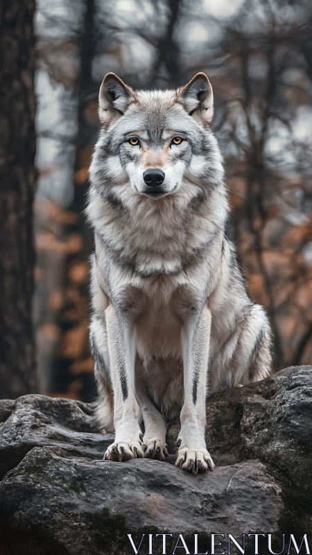 Front-facing gray wolf on rocky outcrop in diffuse forest light.