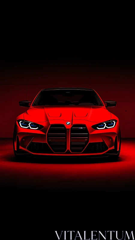 Front-view red sports coupe in dramatic low-key lighting.