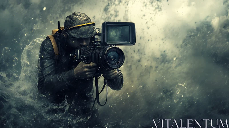 Storm-soaked field cameraman stabilizes cinema rig in crashing surf