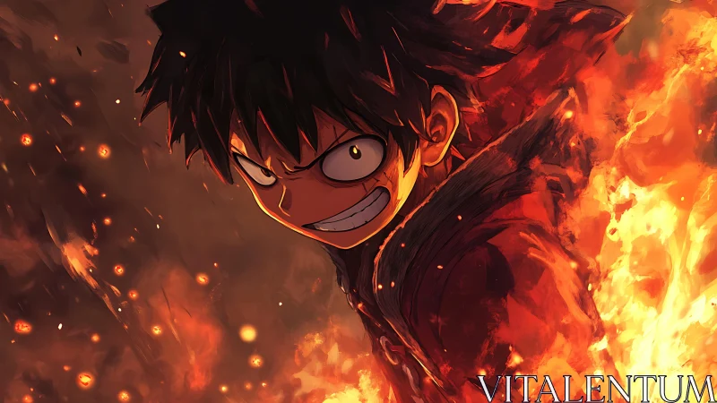 Fiery anime hero lunges forward through swirling flames.