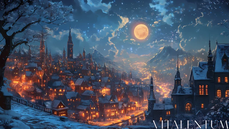 Snowy fantasy city glowing under bright winter moon.