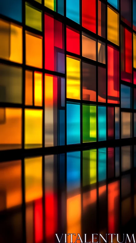 Geometric stained glass panels glow with vivid color reflections.