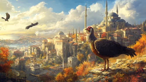 Majestic city pheasant above sunlit autumn minarets.