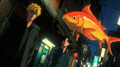 Night city wanderers and their quietly glowing giant fish.