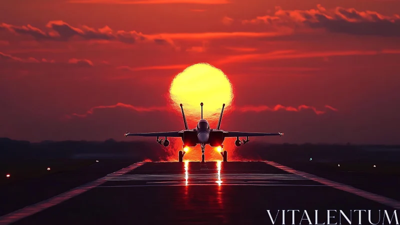 Carrier-capable jet silhouetted on runway against solar disc