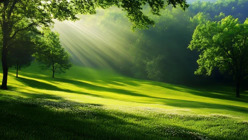 Sunlit forest meadow with radiant morning light beams.