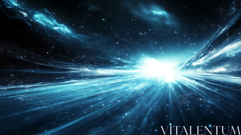 Stellar warp field with bright blue cosmic light burst.