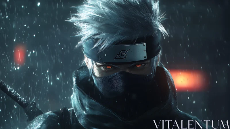 Masked shinobi portrait renders in rain with glowing eyes