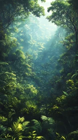Luminous rainforest canopy filtered through verdant depths.