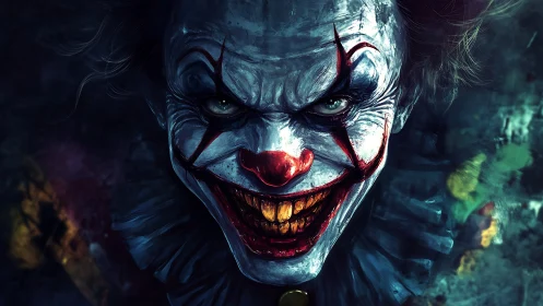 Sinister horror clown portrait with menacing grin.