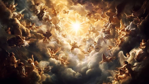 Radial celestial convergence of winged figures around radiant core