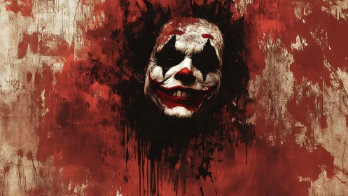 Blood-slick joker visage melting through a brutal red haze.