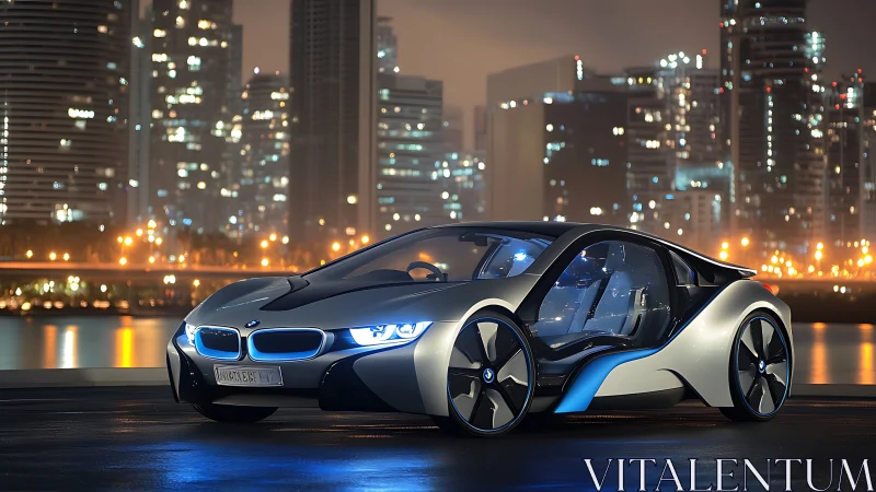 Electric city cruiser gliding through glowing night skyline.