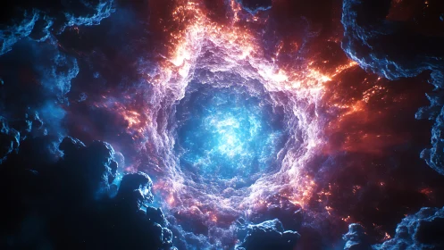 Nebula vortex glows with intense cyan and fiery orange light.