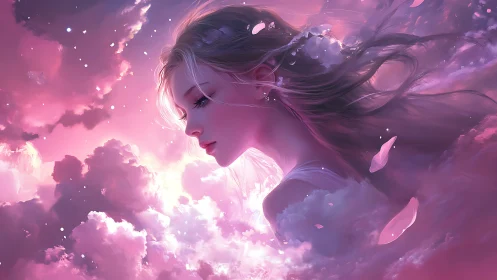 Dreamy sky maiden drifting through soft pink clouds.
