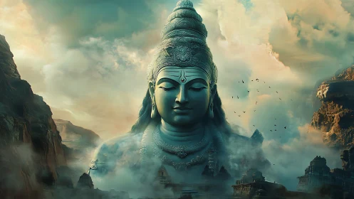 Colossal serene deity statue amid misty mountain valley.