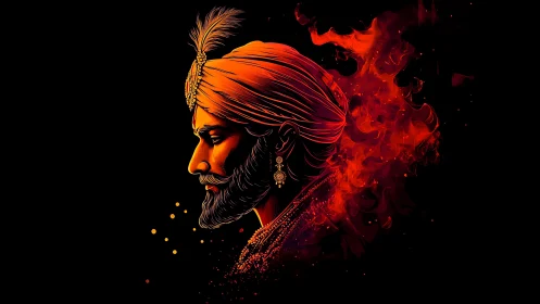 Warrior king profile in burning crimson digital portrait.