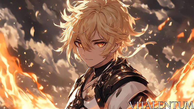 Blond anime warrior amid swirling embers and dramatic flames