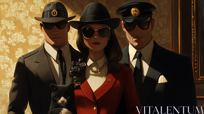 Stylish secret agents and a skeptical cat strike a pose.