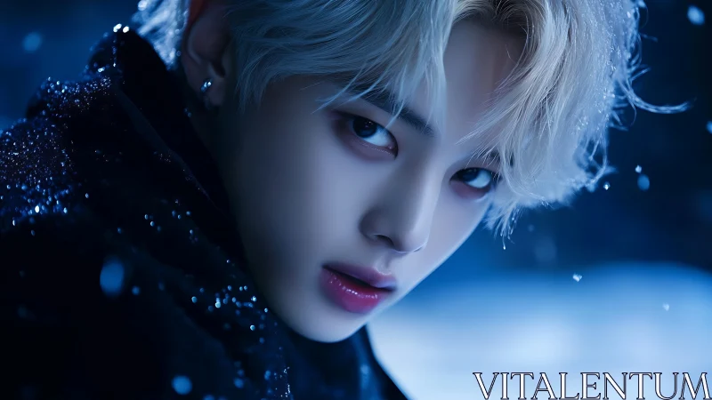 Nocturnal close-up portrait in blue-tinted digital chiaroscuro.