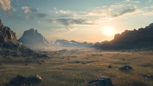 Sunlit rocky valley stretches between distant mountain ridges