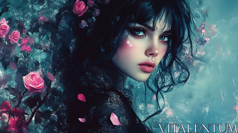 Chromatic portrait of teal-shadowed woman in rose bloom field.