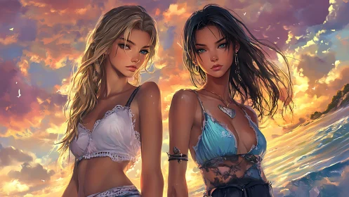 Sunset shoreline duo in luminous anime portrait composition.