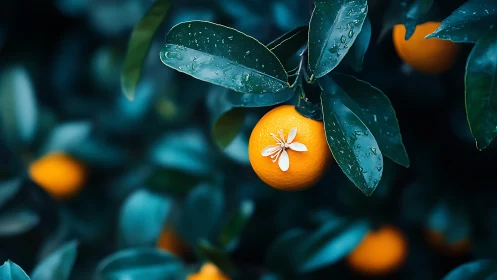 Midnight citrus bloom crowned by dew kissed petals.
