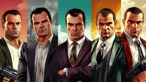 Digital character portrait sequence in varied suits and skies.