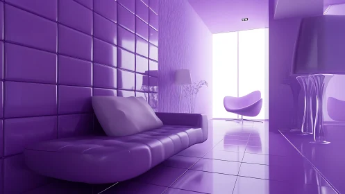 Minimalist purple lounge with glossy tiles and modern seating