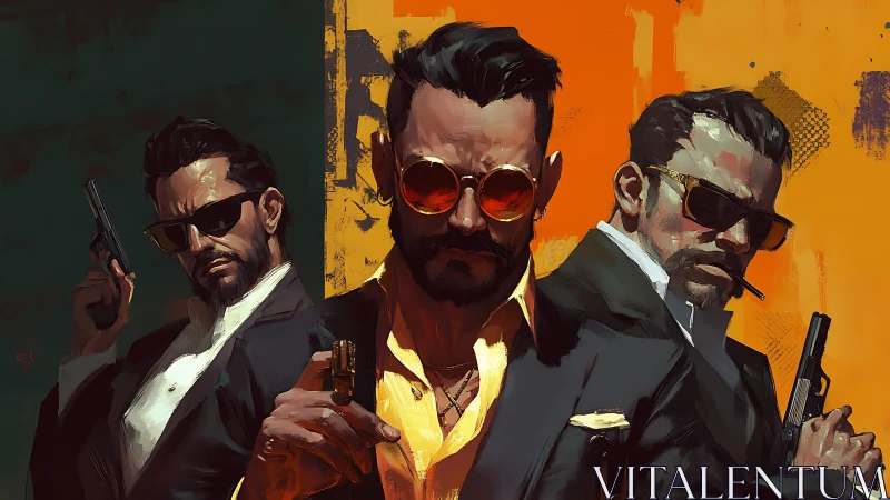 Stylized gunmen in suits against split teal orange backdrop.