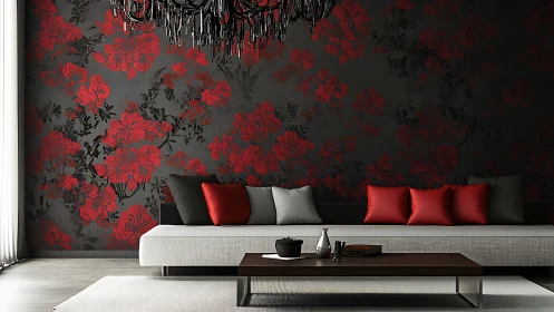 Floral wallpapered living room displays linear sofa arrangement