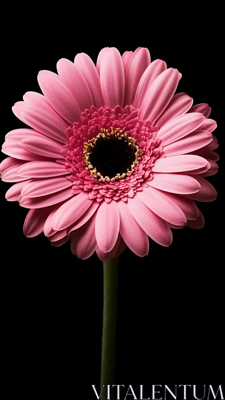 Pink Gerbera Daisy with Yellow Center Against Black Background