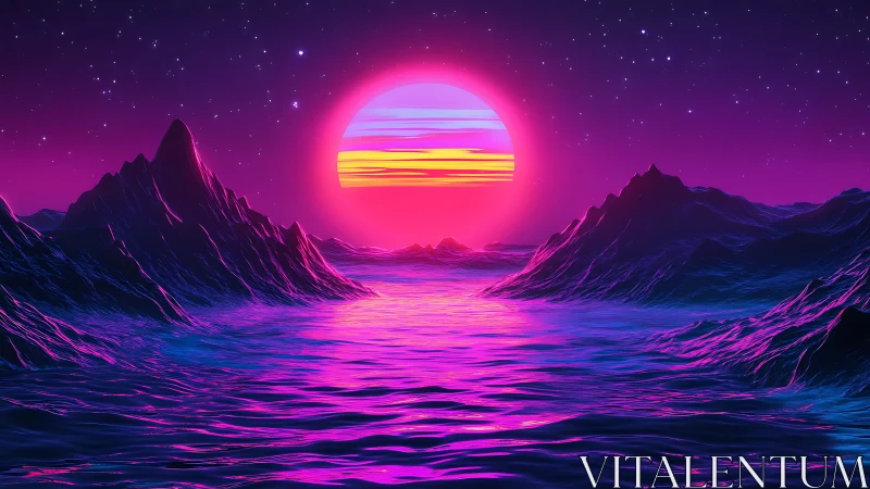 Neon sunset over stylized mountains and glowing sea.