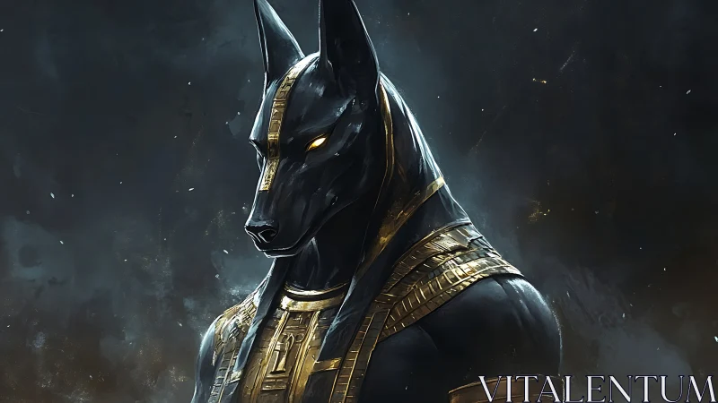 Egyptian jackal-headed deity in gilded ceremonial armor.