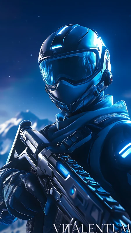 Futuristic armored soldier with rifle in blue light.