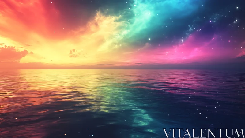 Aurora-colored cosmic sunset sweeps across a tranquil sea.
