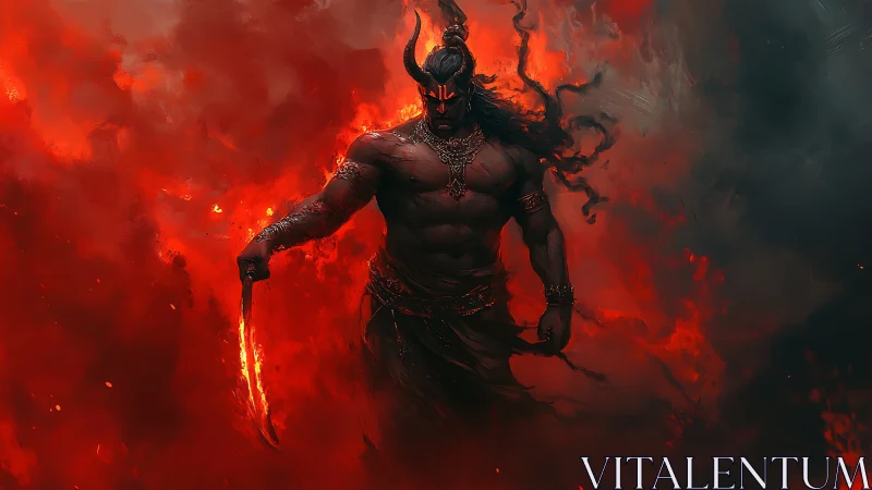 Horned fire demon strides through inferno with blazing blade.
