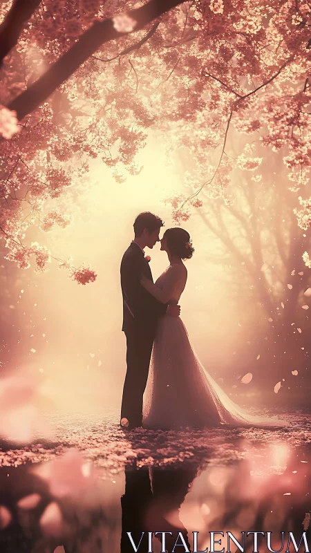 Blossom-lit newlyweds linger where petals borrow the light