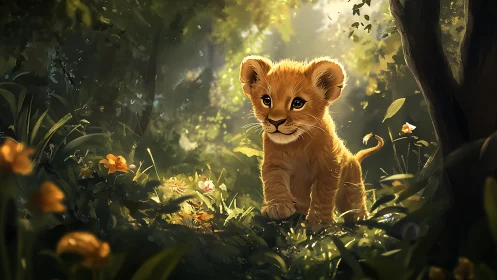 Curious lion cub explores a sunlit forest path with wonder