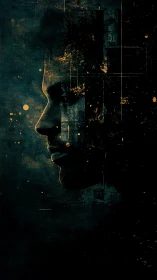 Cyberpunk silhouette profile in fragmented digital dusk.