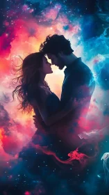 Silhouetted couple within luminous nebular gradient cloud formations and stellar particulates