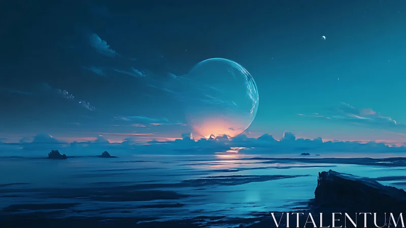 Bioluminescent alien shoreline with rising translucent gas giant