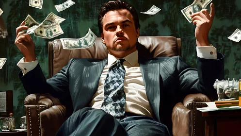 Confident businessman in suit surrounded by floating cash bills.