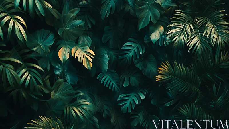 Dense tropical foliage in deep green and golden light.