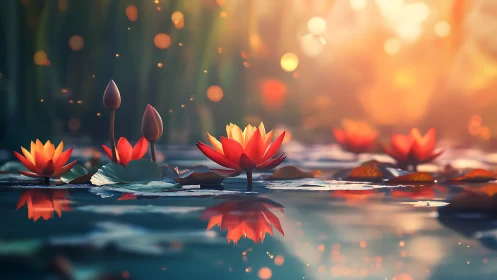 Red Lotus Flowers Floating in Golden Sunlight.
